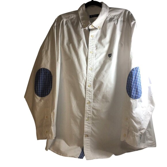 Daniel Cremieux Classics Mens Shirt Button Down White Blue Plaid Elbow Patch Siz - Picture 1 of 6